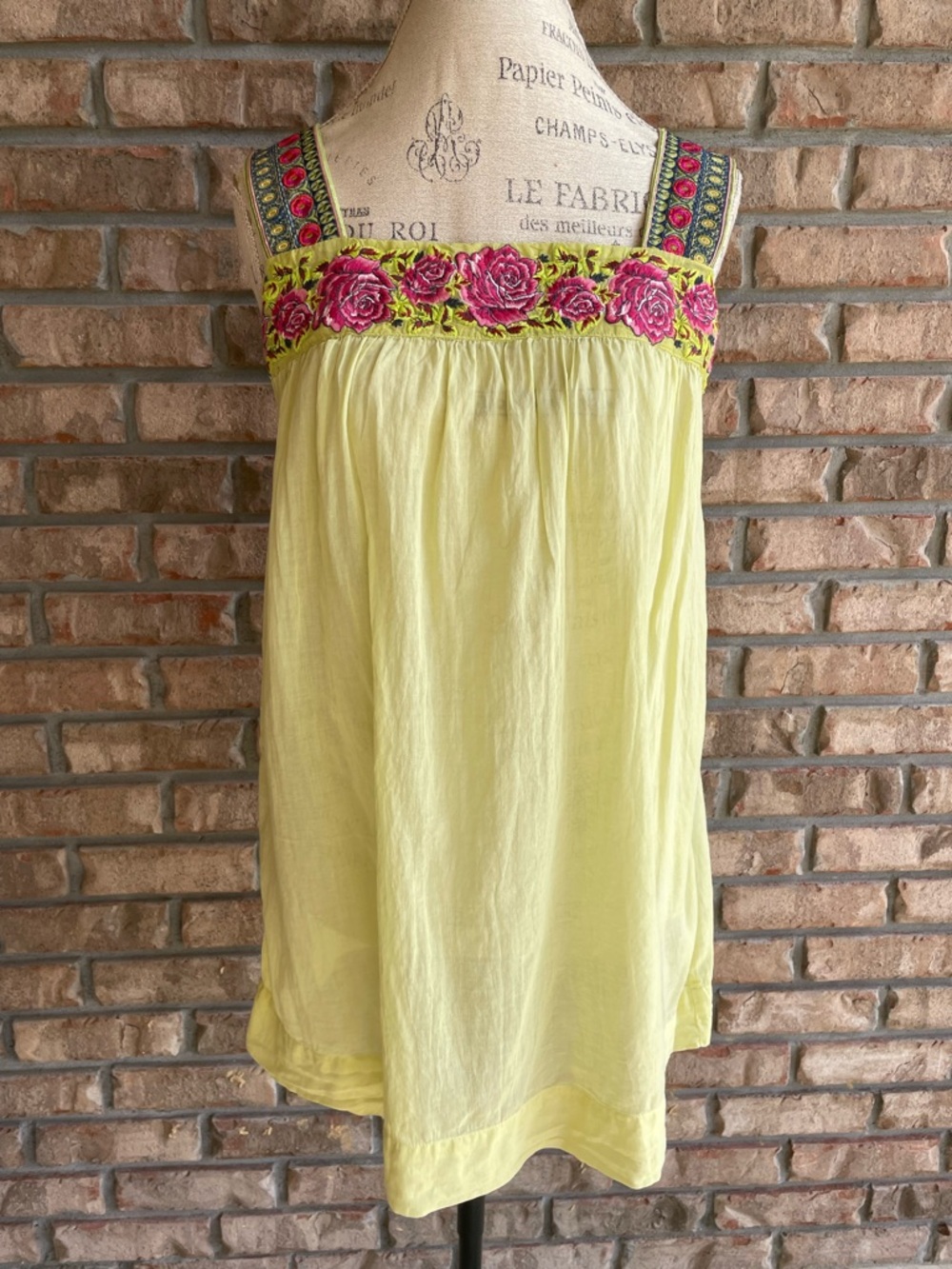 Johnny Was Boho Yellow/Green Tank with Pink Floral Embroidery